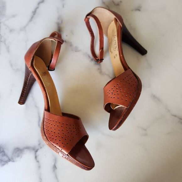 Jems Italian leather women's high heels size 9 Brown pecan cognac open peep toe - Picture 2 of 11